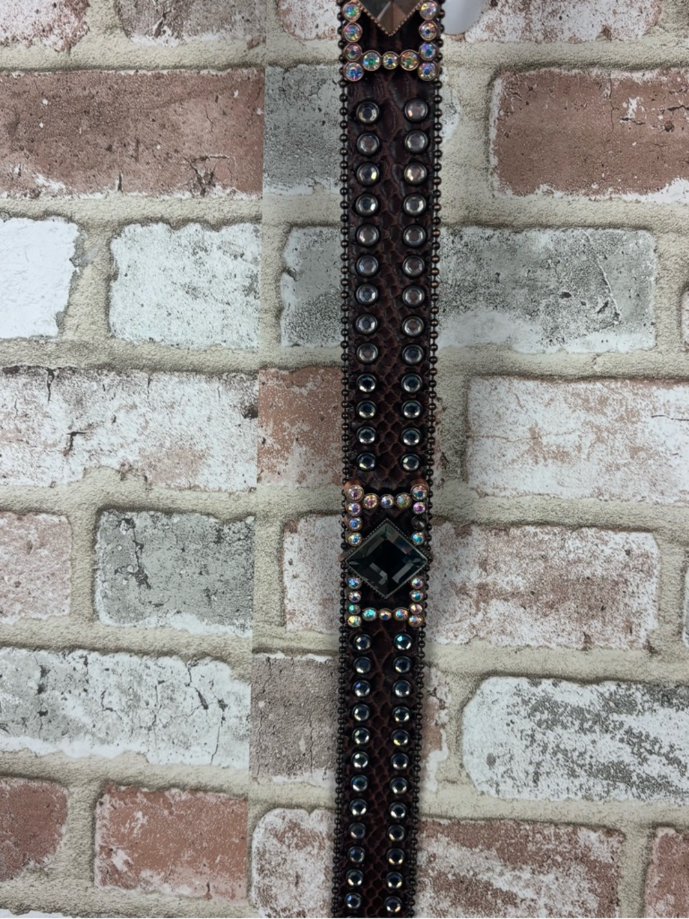 Nocona N3417002 Brown Calf Hair Leather Studded Iridescent Rhinestone Belt Large - Picture 8 of 12